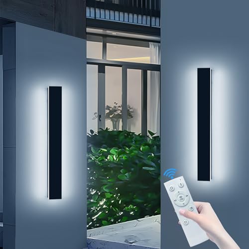 Image of 2 Pack 23.6inch Modern Outdoor Light Fixture, 3000K-6000K Dimmable LED Wall Sconce, IP65 Waterproof Black Linear Exterior Lighting for House, Porch, Patio, Garage with Remote Control