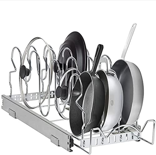 Pull Out Pan Lid Organizer Rack for Cabinet - Pull Out Organizer for Pots, Pans, Lids, Sliding Storage Rack -7" W X 21â€ D X 8" H, Requires at least 9" Cabinet opening - Heavy Duty Construction, Chrome