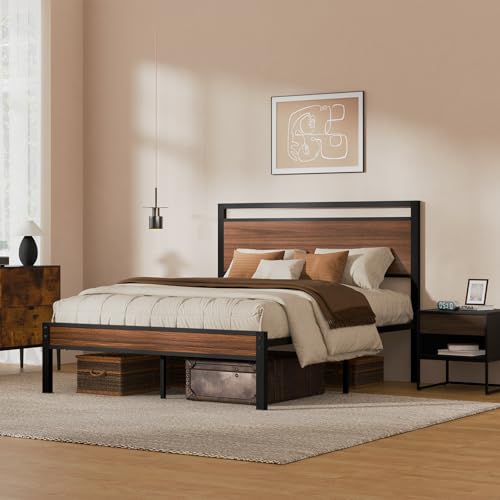 Image of Z-hom Queen Metal Bed Frame&Wooden Headboard&Footboard,No Box Spring,Walnut | Heavy Duty &Metal Slats,No Box Spring Needed,Quiet&Non-Slip Design,Space Saving Bed Frame for Bedroom