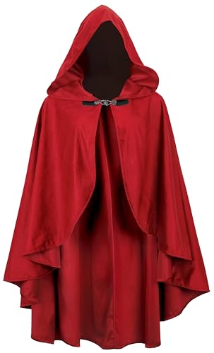 Medieval Cloak with Hood Halloween Renaissance Hooded Short Cape for Men and Women-Red
