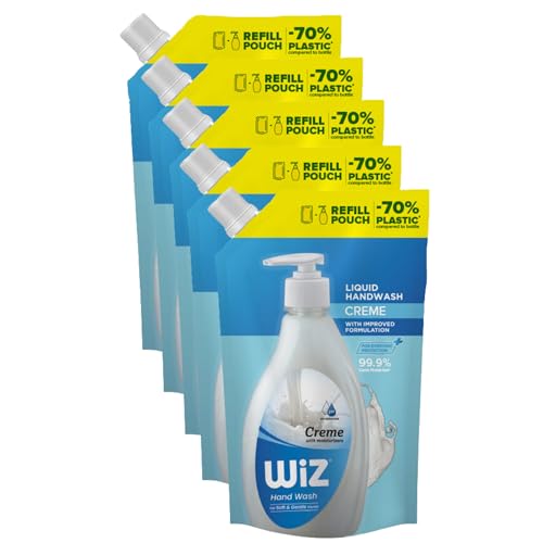 Image of Wiz Creme Hand Wash Refill Pouch - 1L (Pack of 5) | Moisturizing Formula for Soft & Smooth Hands | Germ Protection | pH Balanced | 70% Less Plastic | Gentle Everyday Hand Care