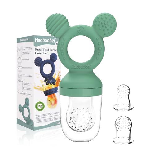 Image of HAOBAOBEI Baby Fruit Feeder, Frozen Teething Toys, Teether Pacifier with 3 Extra Teats, Infant Eating Essentials, BPA Free Baby Feeding Supplies (Grass Green)