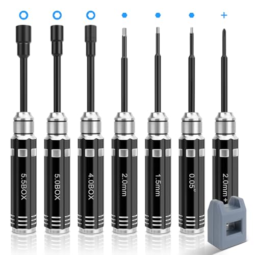 RC Hex Nut Screwdriver Kit with Magnet-7 Pcs Socket Nut Screwdriver Set 0.05'' 1.5mm 2.0mm 4mm 5.0mm 5.5mm Repair Hobby Tool Kit Compatible with Traxxas TRX4M SCX24 1/16 1/24 RC Trucks