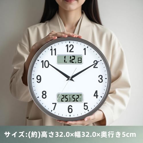 挂け時計 直径32cm アナログ カレンダー付き 温度・湿度表示 静音 連続秒針 ブラウン色 Z-47 [5]