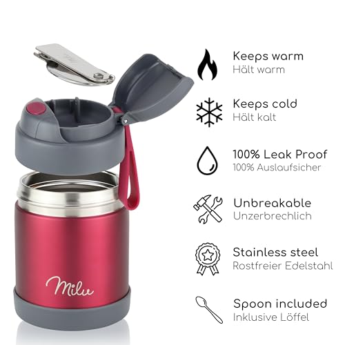 Image of Milu Thermo Food Thermo 300 ml, 440 ml, 450 ml, 650 ml, 800 ml I Stainless Steel Thermal Container, Vacuum Insulated for Hot and Cold Foods (Cow, 300 ml)