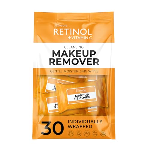 LIVAURA Retinol + Vitamin C Individually Wrapped Makeup Remover Wipes, travel essentials for Travel & On the Go, women facial cleansing towelettes, removes makeup & sunscreen - 30 single face wipes