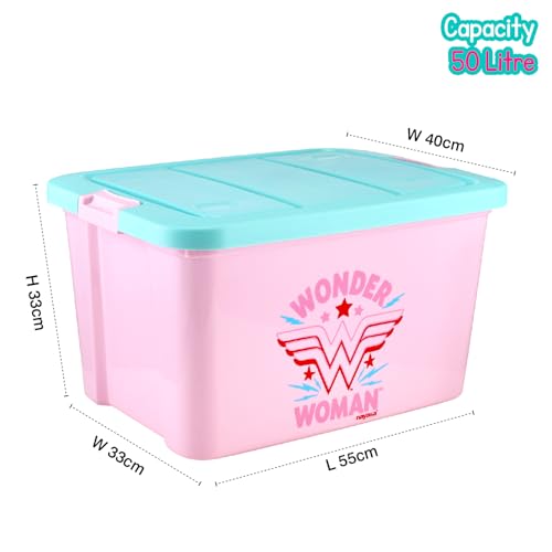 Image of Nayasa Wonder Woman Toy Box 50 Ltr | DC Superhero Print Plastic Storage Box with Lid | Stackable Organizer & Strong Durable | Pink