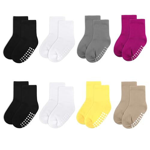 Image of jealkip 8 Pack Baby Socks and Toddler Socks,Soft Cotton Crew Socks with Non-Slip Grips for Infants,Boys and Girls,6-12 Months,(Black/White/Gray/Magenta/Yellow/Khaki)
