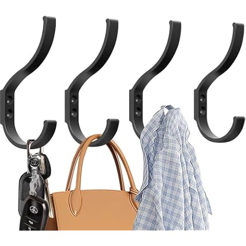 4 Pack Wall Mounted Coat Hooks, Large Wall Hooks For Hanging Heavy Duty, Black Coat Hooks with Screws For Wall, Wall Mounted Hooks for Hanging Coats, Clothes, Towels, Keys, Dog Leashes, and Purse Cover