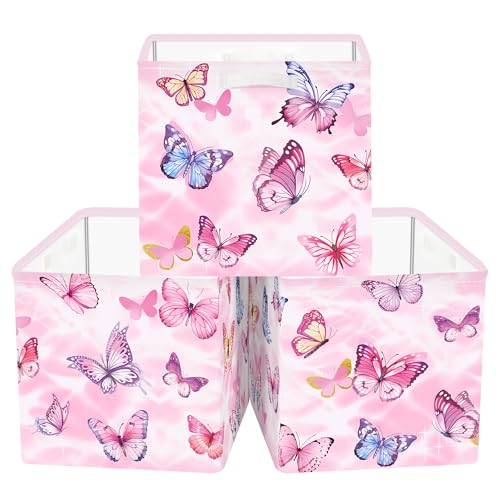 Image of Clastyle Butterfly Kid Storage Cube Organizer Set Watercolor Closet Clothes Cube with Metal Frame Storage Bin Nursery Toddler Toy Box Chest Girl Book Shelf Basket, Pink, 11.8x11.8x11.8 in