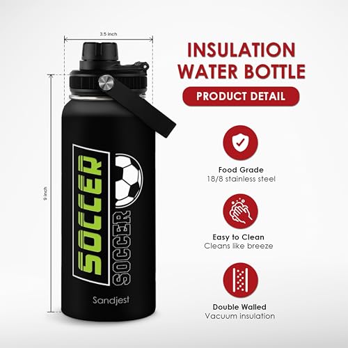 Image of SANDJEST Soccer Insulated Stainless Steel Water Bottle 32oz, Vacuum Chug Lid Travel Tumbler for Men Friends Dad Brothers Players Coaches, Gift for Birthday Christmas Fathers Day