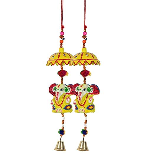 Handicraft rajasthane Colored Bells Desing Decorative showpice Wind Chimes for Home Balcony Garden Positive Energy, Home Decor Hanging Long Bells Umbrella Ganesh (Set of 2 Piece) Multicolour