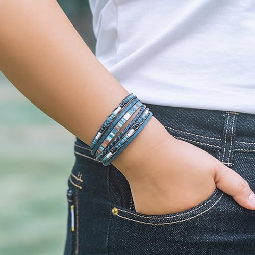 FANCY SHINY Boho Leather Wrap Bracelets Trendy Layered Bracelets with Magnetic Clasp Strackable Bohemian Jewelry Gifts for Women4
