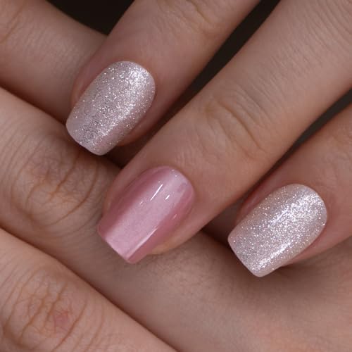 Image of CurvLife Soft Gel Square Press-On Nails Short, Reusable Fake Nails with Glue & Adhesive Tabs, 30PCS Salon-Quality Stick-On Nails for At-Home Manicure (Latte Spark)