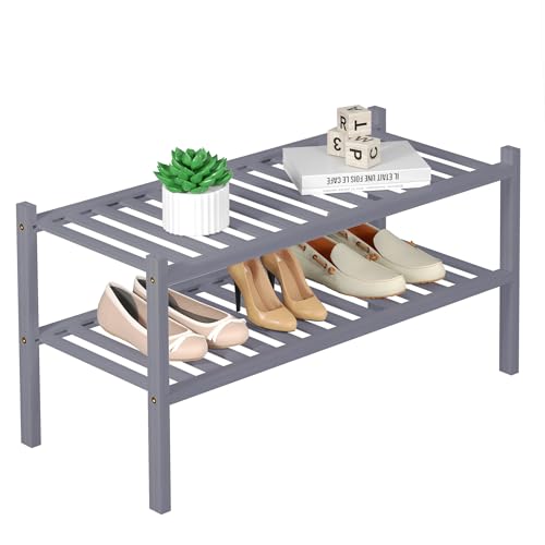 2 Tier Bamboo Shoe Rack for Closet Free Standing Wood Shoe Shelf for Entryway Small Space Stackable 27"x11"x13" (Grey)