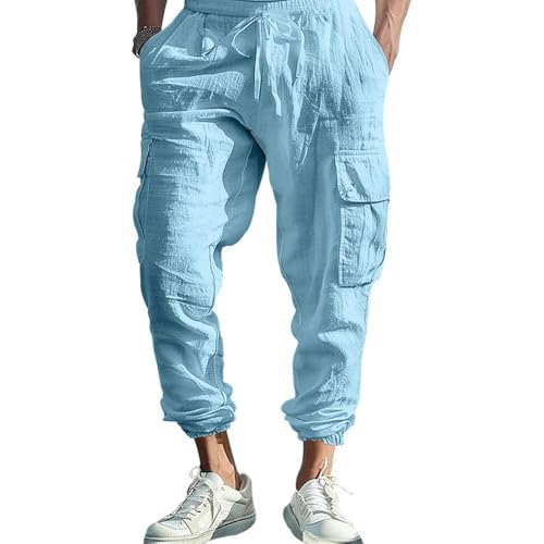 ZOCANIA Mens Linen Cargo Pants Casual Elastic Waist Drawstring Trousers with Multi Pockets Baggy Sweatpants for Men