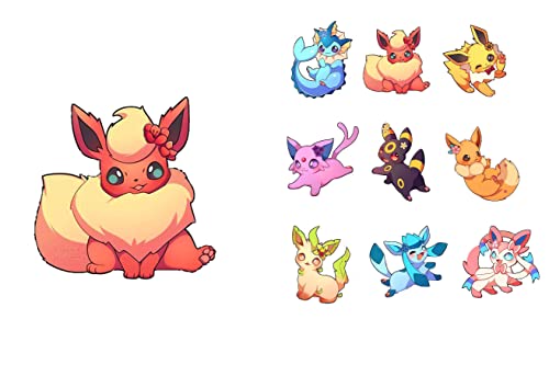 Evoli Evolutions Juego de pegatinas de dibujos animados, decoración de pared Kawaii, para ordenador portátil, coche, teléfono móvil y consolas, 9 piezas, 8-9 cm