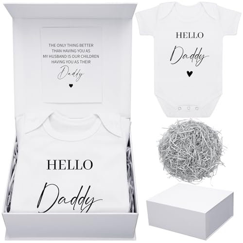 Shyyween 4 Pcs Pregnancy Announcement for Husband, Hello Daddy Baby Bodysuit, Pregnancy Reveal Card Gift Set