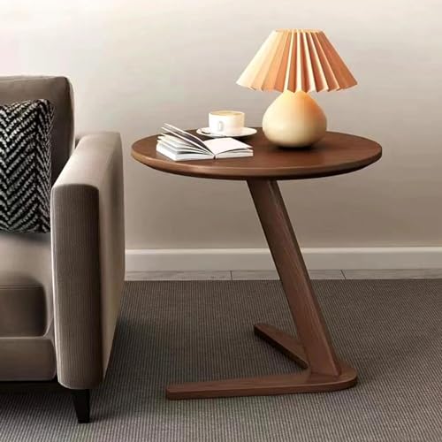 Mesa auxiliar redonda en C de madera para sofa y espacios pequenos