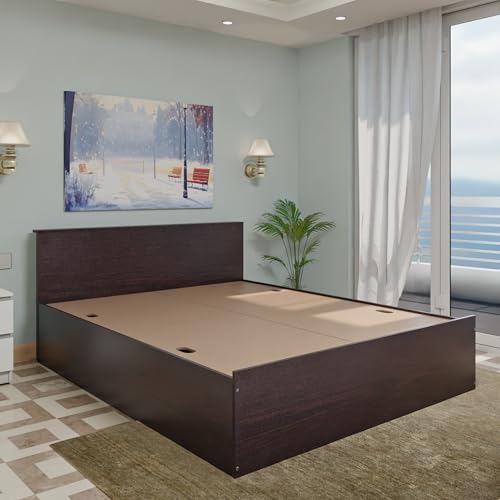 Image of VIKI Vault Queen Size Bed with Storage (78x60) | Engineered Wood Wooden Bed Frame for Bedroom | Modern Box Storage Cot | Flowery Wenge Finish | Free Assembly | 1 Year Warranty