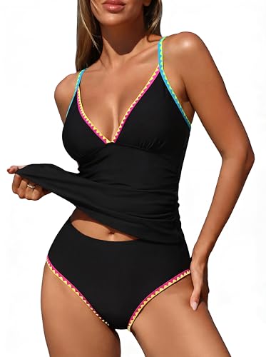 Image of ZAFUL Womens Tankini Swimsuits V Neck Push Up Swim Top Color Block Tummy Control High Waisted Bathing Suits Swim Bottom