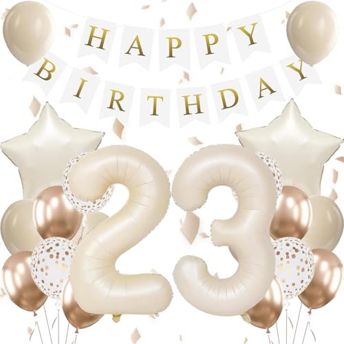 Happy 23rd Birthday Decorations Includes Beige Number 23 Balloons Banner Champagne Gold and Sand White Confetti Balloons Star Foil Balloon for 23rd Birthday Party Supplies