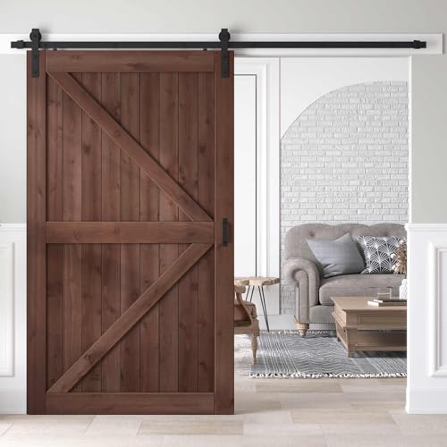 ROYMELO 48x80 inch Sliding Barn Wood Door Slab with 8ft Hardware Kit and Handle, Coffee, K Shape...