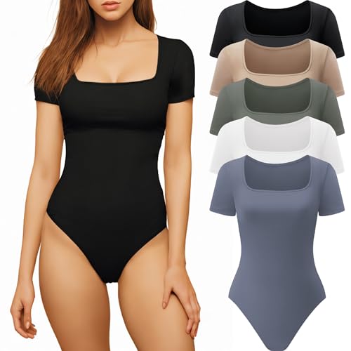 CE' CERDR Women’s 5 Pack Short Sleeve Bodysuits Square Neck T-shirt Basic Casual Tops Body suit
