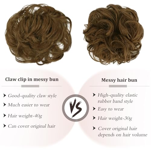 RUWISS Claw Clip Messy Bun Hair Piece Real Human Hair Buns Wavy Curly Chignon Hair Bun Extensions Tousled Updo Claw Clip Ponytail Hairpieces (Light Brown)