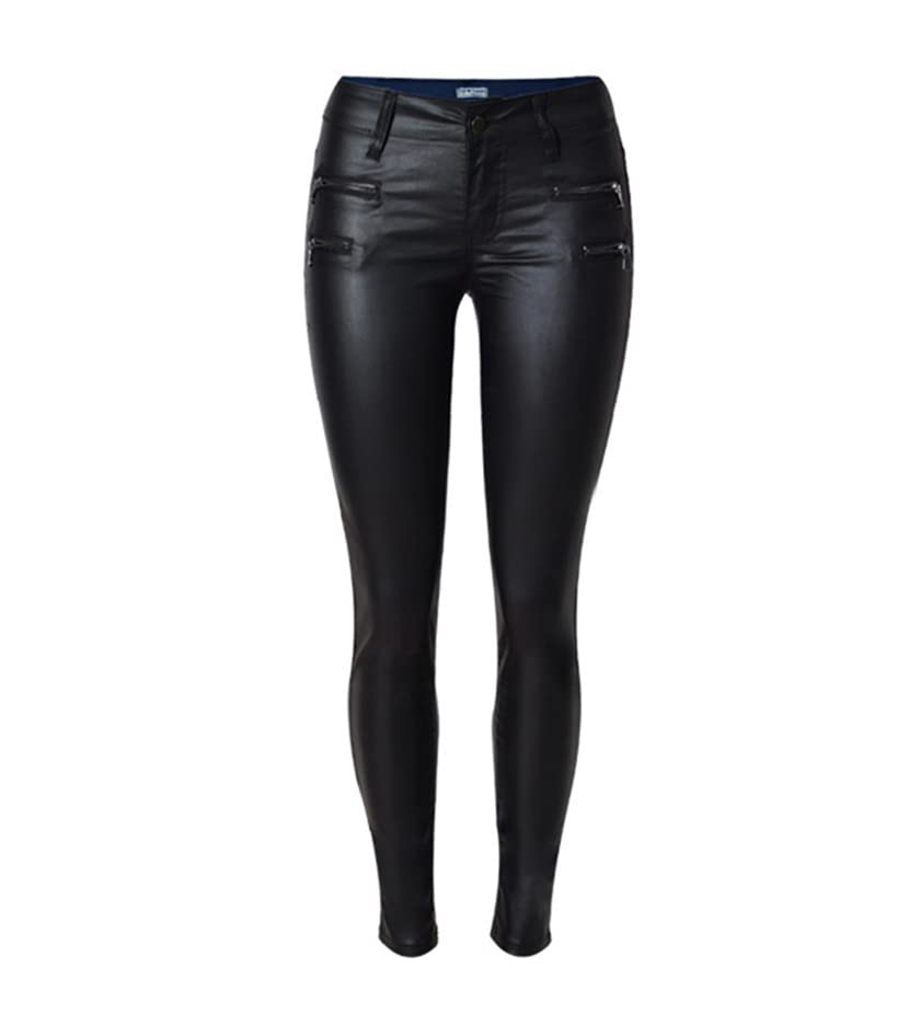 Dninmim Pantaloni sottili con cerniera sexy da donna primavera autunno nero skinny pantaloni in pelle PU