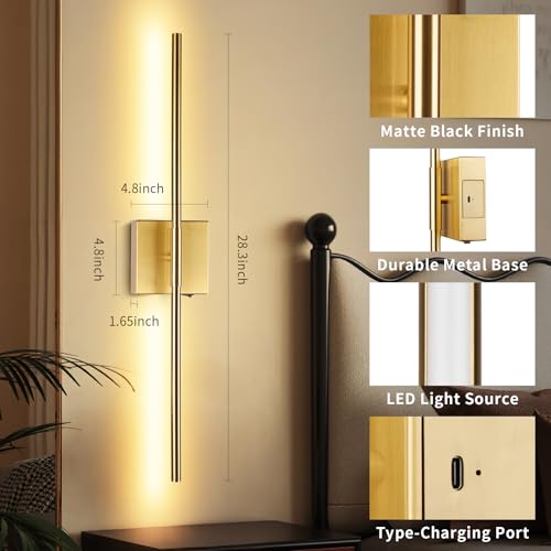 Image of Battery Operated Wall Sconce Set of Two with Remote Control, Rechargeable & Dimmable Wireless, Easy Install Peel and Stick, Timer Function, Wall Lights for Living Room, Bedroom, 28.3 inch (Brass)