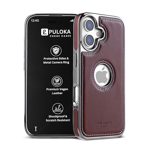 Image of PULOKA Chrome Leather Back Case - Compatible with iPhone 16 - Luxury Bumper Case - Flexible Vegan Leather - Electroplated Sides & Logocut - Full Camera Protetection & Raised Edges - Brown