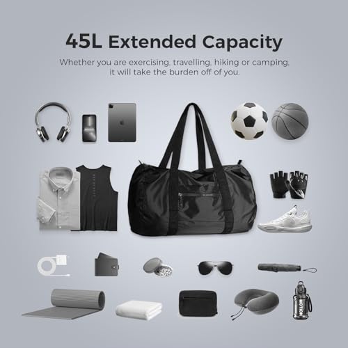 pack all Travel Accessories Bundle | 1 x 45L Foldable Duffel Bag (Black) & 1 x Foldable Shoe Bag (Black)2