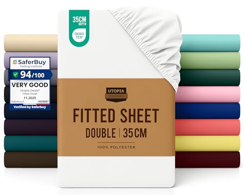 Utopia Bedding Fitted Sheet Double, White - Deep Pocket 14 inch (35 cm) - Easy Care - Soft Brushed Polyster - Microfibre Fabric - Shrinkage and Fade Resistant - Bottom Sheet