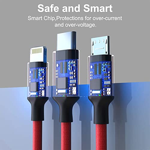 Image of BESTOR 3-in-1 Multi Charging Cable - Nylon Braided Fast Charging Cable for Android, iOS, Type-C Devices - Compatible with Smartphones & Tablets (Red)