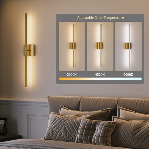 Image of 10000mAh Gold Battery Operated Wall Sconces Set of 2, 3 Color Dimmable Rechargeable Wall Light with Remote, 24 Inch Wireless Sconce Wall Lighting with Timer Function for Living Room, Bedroom, TV