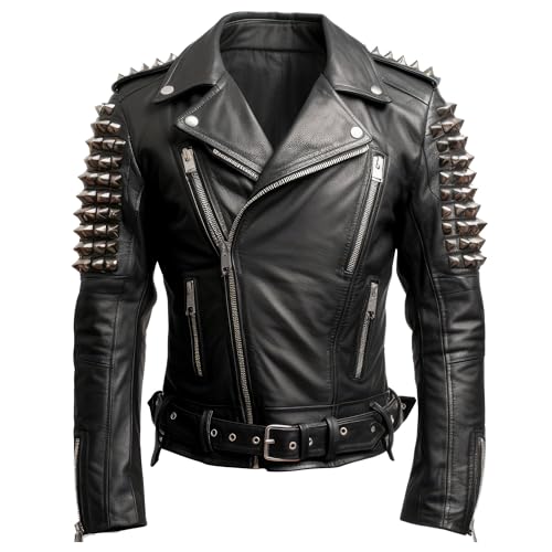 Sumairah Mens Rock Sleeve Punk Spike Studded Genuine Leather Motorbike