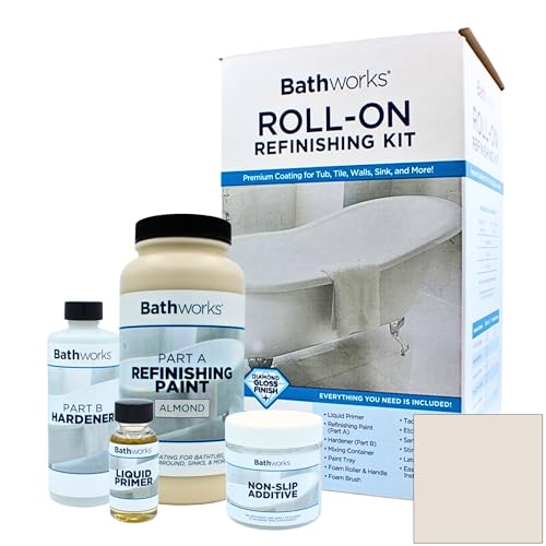 Bathworks Roll-On Refinishing Kit with Non-Slip Additive – 22 fl oz, High Gloss Almond, Professional-Grade DIY Coating with Tools – Durable Non-Yellowing Finish for Bathtubs, Tile, Sinks & Showers