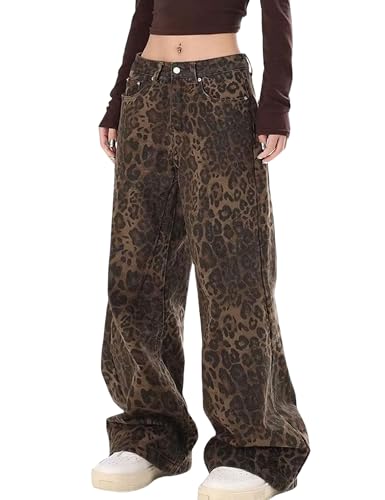 Womens Y2k Jeans Leopard Print Jeans Baggy Jeans Harajuku Streetwear Pants Straight Leg Grunge Pants