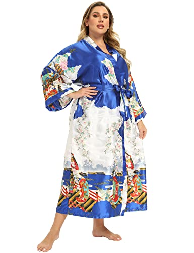 Image of Women's Floral Long Satin Robes Plus Size Long Silk Robes Peacock Floral Kimonos Sleepwear Dressing Gown