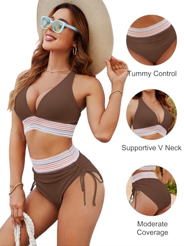 Image of Blooming Jelly Women High Waisted Bikini Sets Tummy Control Swimsuits Color Block Two Piece Drawstring Bathing Suit