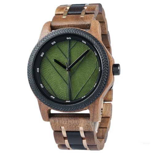 EBONY Wood Watch for Men Natural Wooden Japanese Quartz Minimalist Style Mens Wristwatch Unique Real Leaf Vein Dials Lightweight Casual Watches (MWL-Green)