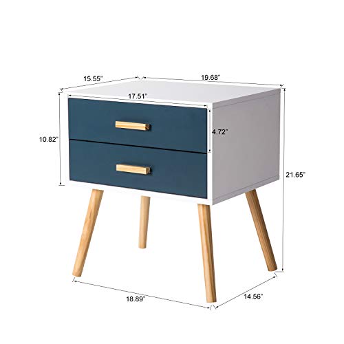 Peach Tree Side End Table Nightstand Bedroom Living Room Table Cabinet With 2 Drawers Storage, White/Enchantment Blue #TOP2