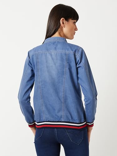 Image of Miss Chase Women's Polo Neck Full Sleeves Patch Pocket Denim Overcoat Knee-Length Jacket