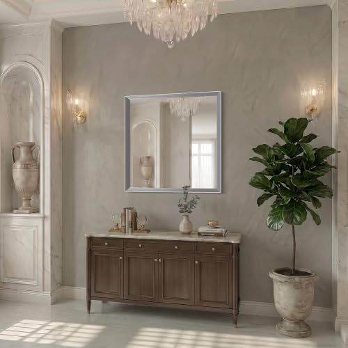 Image of DESBING 30 inchx30 inch Silver Bathroom Mirrors for Over Sink, Tempered Glass, Metal Frame, Rectangle Vanity Wall Mirror for Bathroom, Living Room, Bedroom, Horizontally or Vertically