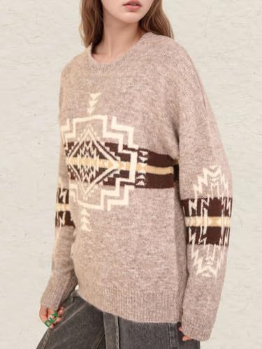 Womens Loose Fit Argyle Graphic Aztec Western Sweater Long Sleeve Crewneck Pullover Tops3