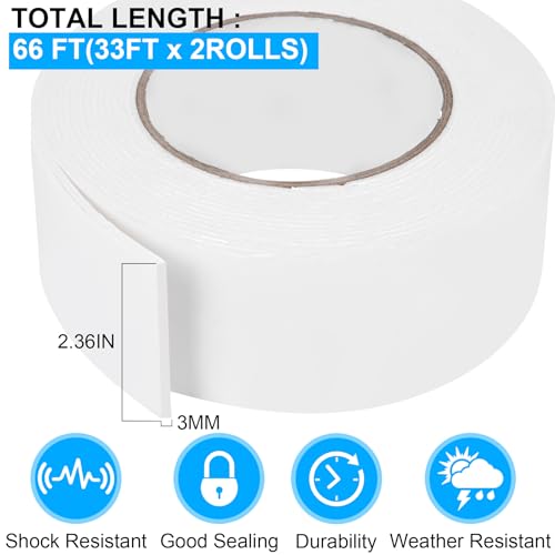 Image of Double Sided Foam Tape 2.36In x 33FT 2 Pack, Mounting Tape Heavy Duty, Strong Adhesive Weatherproof Seal Strips for DIY Craft Picture Poster, Car & Gap Filling Mountings, Home Office Decor (White)