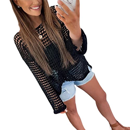 FeMereina Camiseta corta de punto de ganchillo para mujer, manga larga, de malla, transparente, con hombros descubiertos, huecos, para verano, para la calle, ropa de playa, S-negro., XL