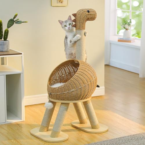 PAWZ Road Modern Cat Tree 46” Cat Dinosaur Tower with Scratching Post, Large Rattan Cats House in 18” Diameter, Wicker Cats Bed with Removable Mat