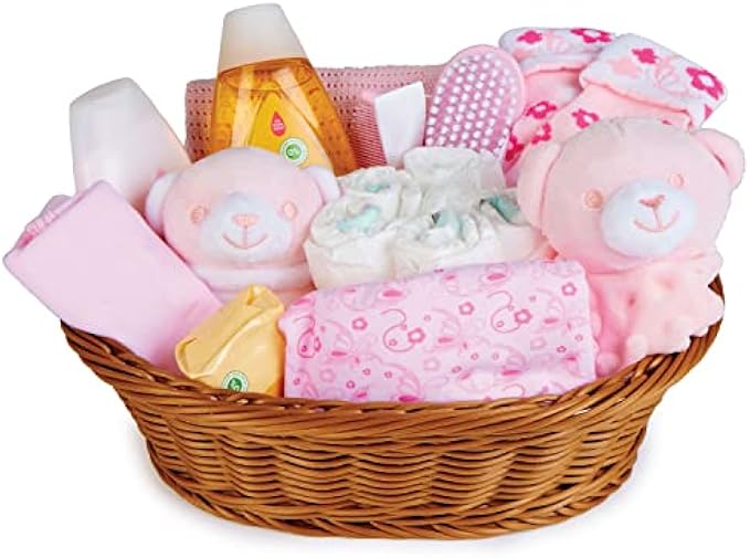New Baby Gift Basket for Girls - Welcome Baby Gift Basket for Parents with Baby Clothes, Newborn Essentials, Baby Blanket, Pink Comforter, Soft Toy Rattle - Newborn Shower Gift Set